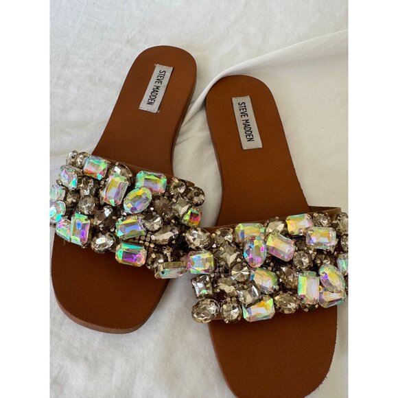 Steve Madden Brionna Rhinestone Flats Tan Leather Jewel Embellished Sandals 7.5 - Picture 15 of 16
